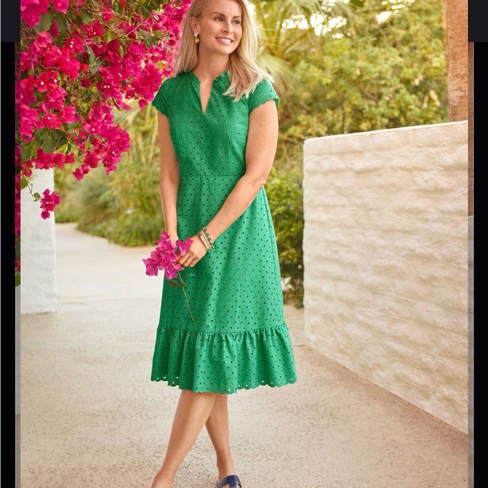 Talbots Mint Green Eyelet V-Neck Midi Dress